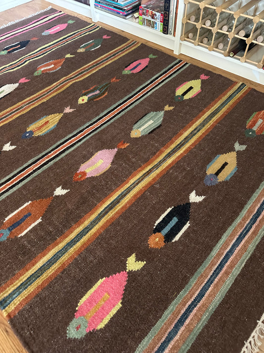 Espresso Current - Modern Wool Kilim Fish Area Rug - 5' x 8'