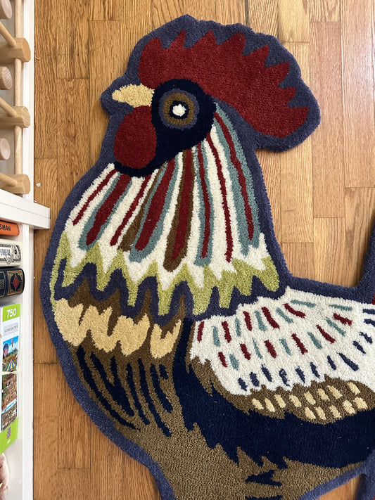 Indigo Rooster — 3’ x 5’ Wool Rooster Shaped Rug