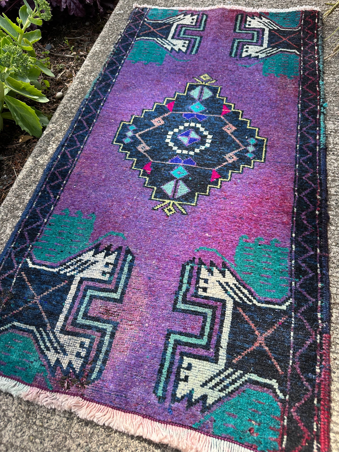 Electric Iris Mini Rug – Vintage Geometric Wool Accent Rug – 1’8” x 3’3”