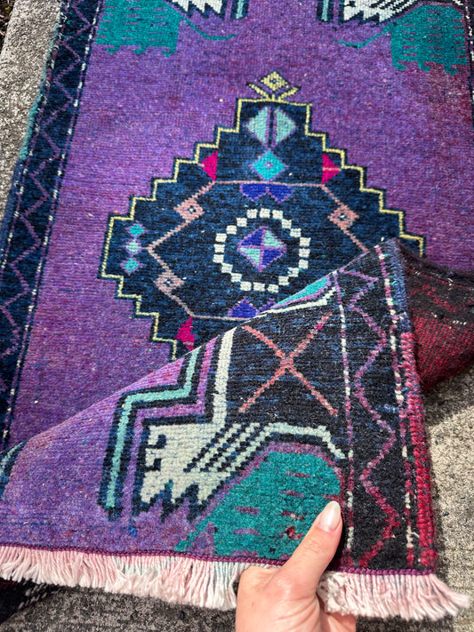 Electric Iris Mini Rug – Vintage Geometric Wool Accent Rug – 1’8” x 3’3”