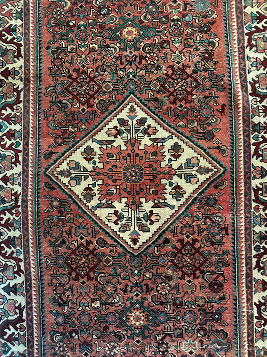 Dusty Rose & Teal Bird Motif Vinage Oversized Hamadan Area Rug - 4’11” x 10’2”
