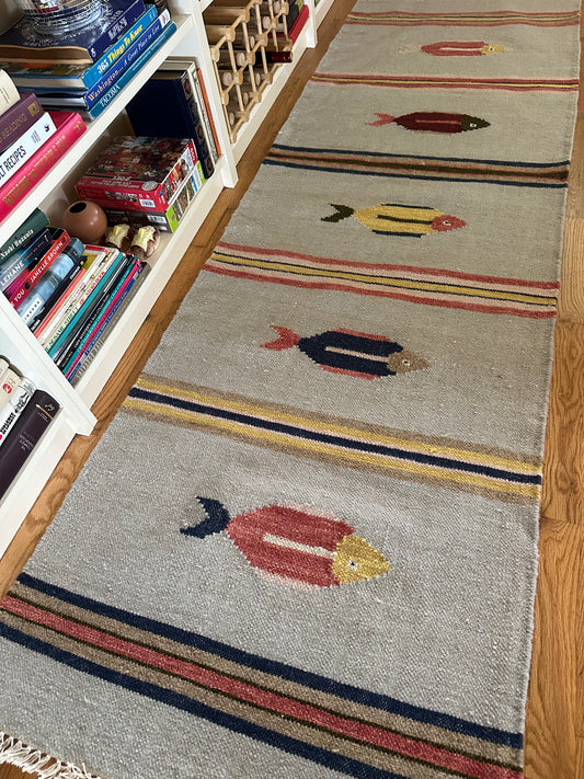 Saltwater Fish Runner - Modern Wool Flatweave Runner - 2'6" x 8' ft