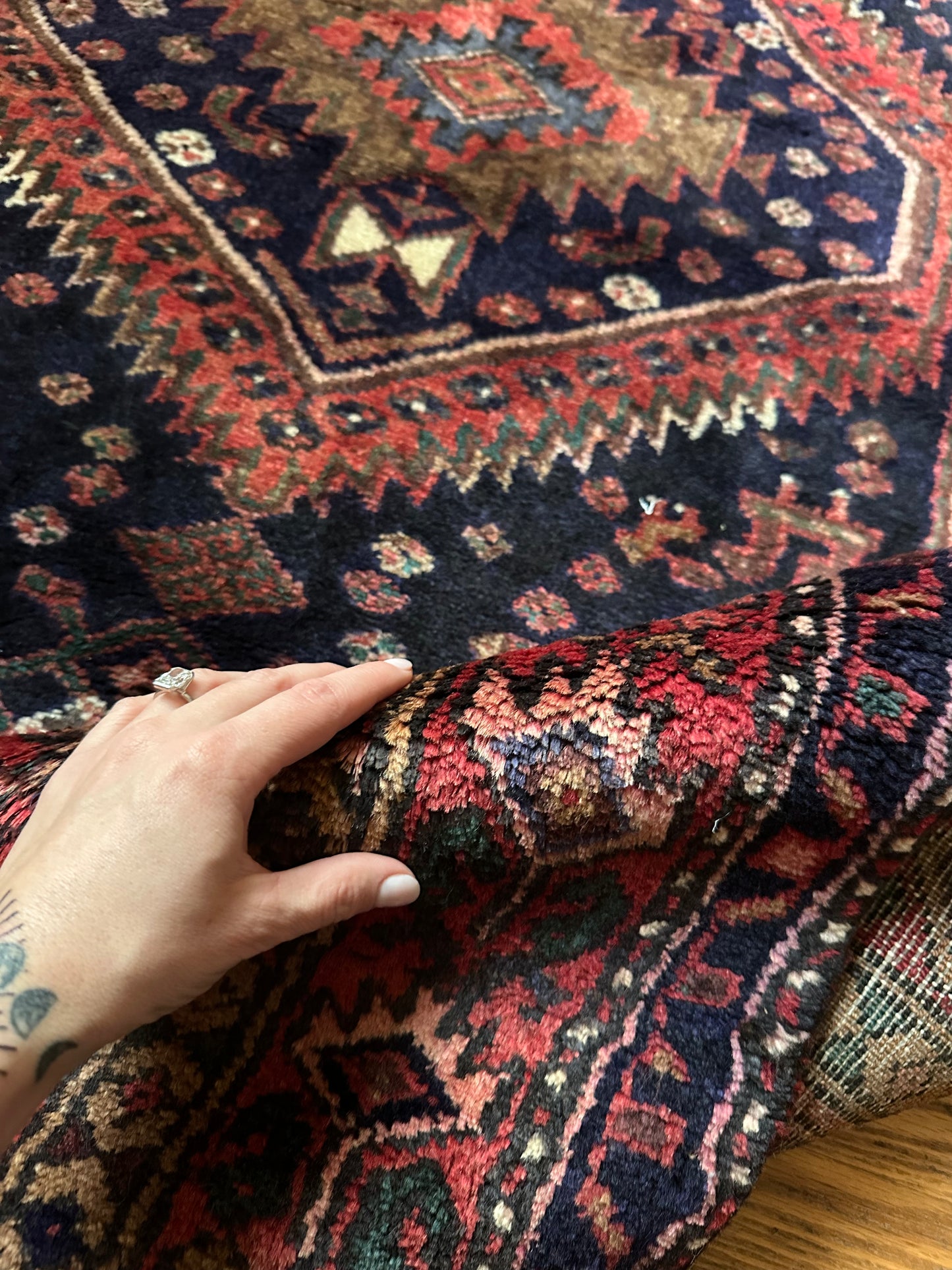 Vintage Kurdish Animal Motif Runner – Navy & Coral Tribal Wool Rug - 3'7" x 9'1"