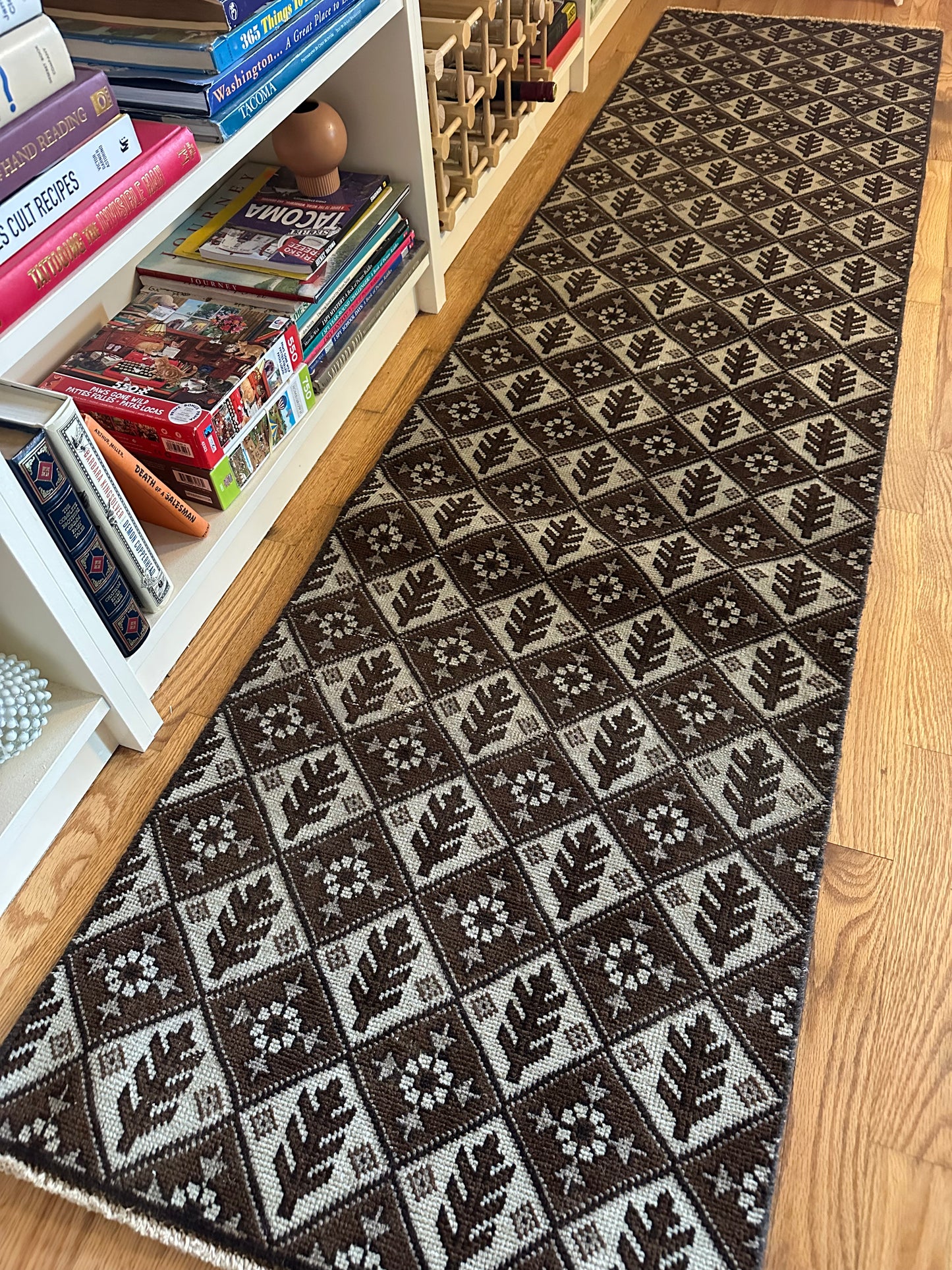 Vintage Chocolate & Oat Geometric Wool Runner - 2' x 7'10"