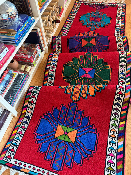Carnival Star Runner - Vintage Handwoven Herki Runner - 2'8" x 12'8"