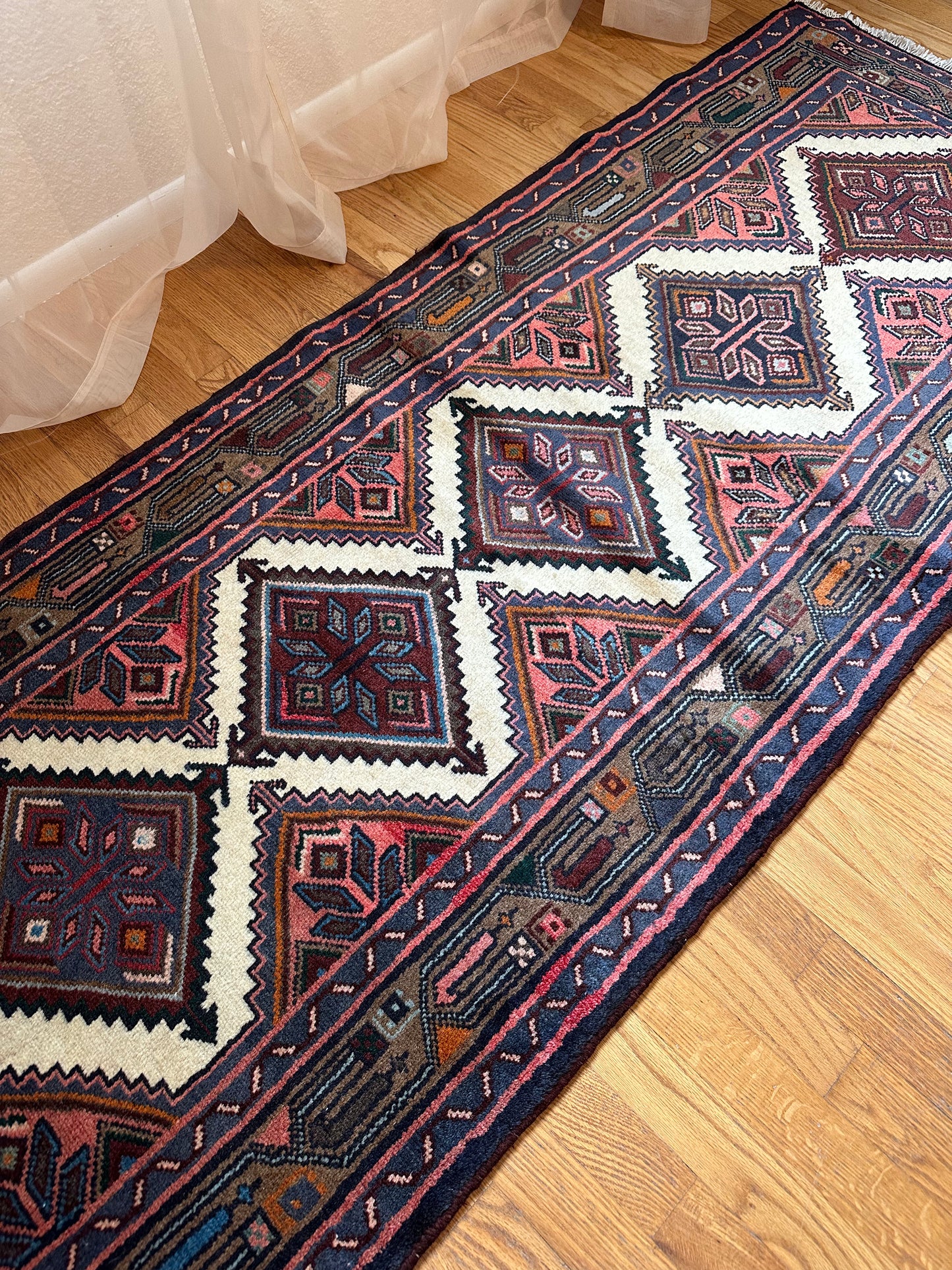 diamond lattice pattern Vintage Kurdish Persian Runner