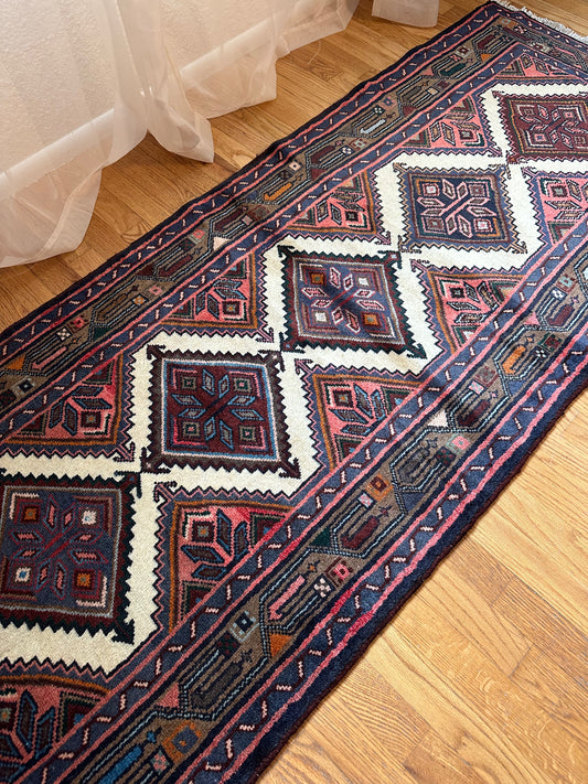 diamond lattice pattern Vintage Kurdish Persian Runner