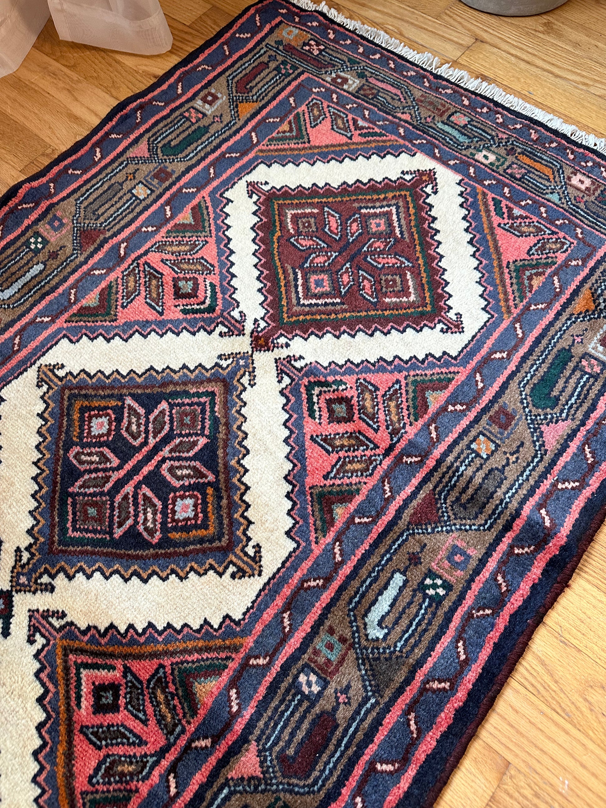diamond lattice pattern Vintage Kurdish Persian Runner