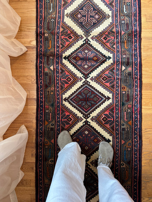 diamond lattice pattern Vintage Kurdish Persian Runner