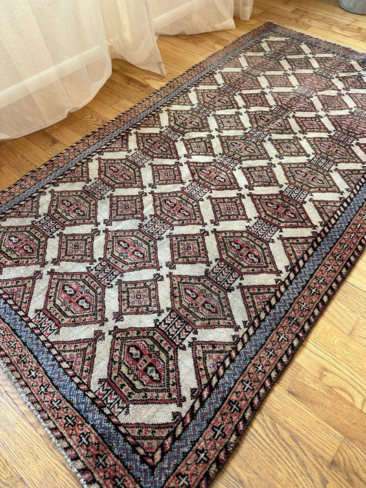 Vintage Ivory Persian Runner with Geometric Pattern
