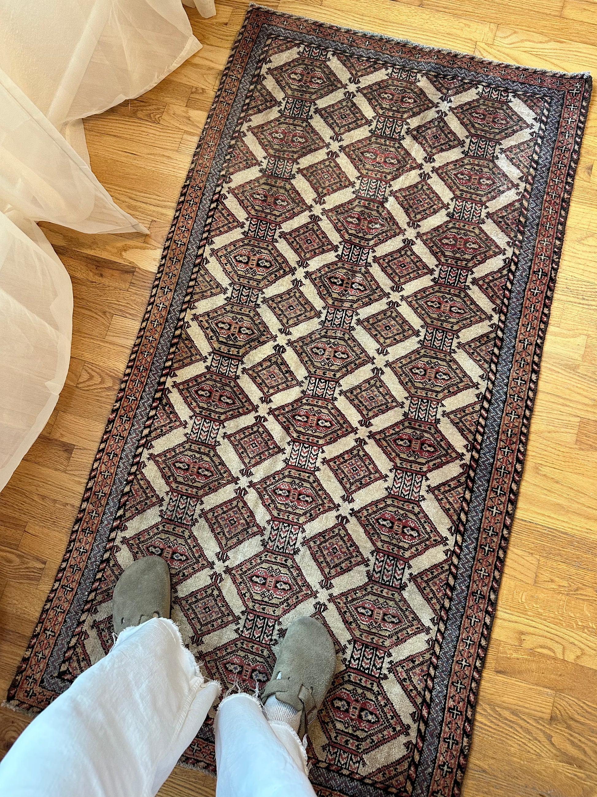 Vintage Ivory Persian Runner with Geometric Pattern