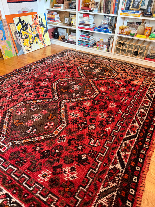 Shirin Safron | Vintage Persian Qashqai Rug - 8'10' x 6'11'