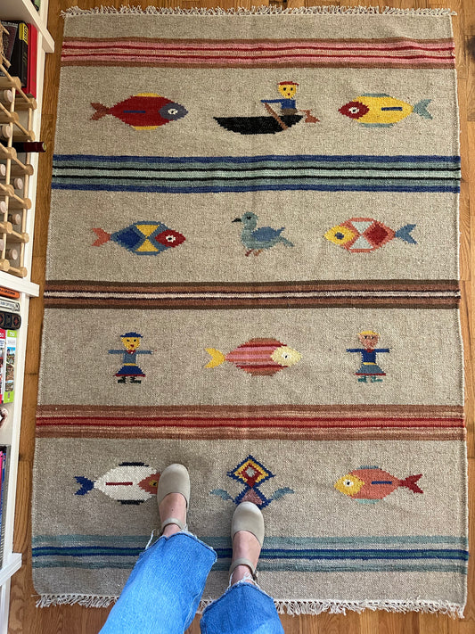 The Fisherman's Tale | Vintage-Inspired Whimsical Wool Kilim Rug | 4' x 6'