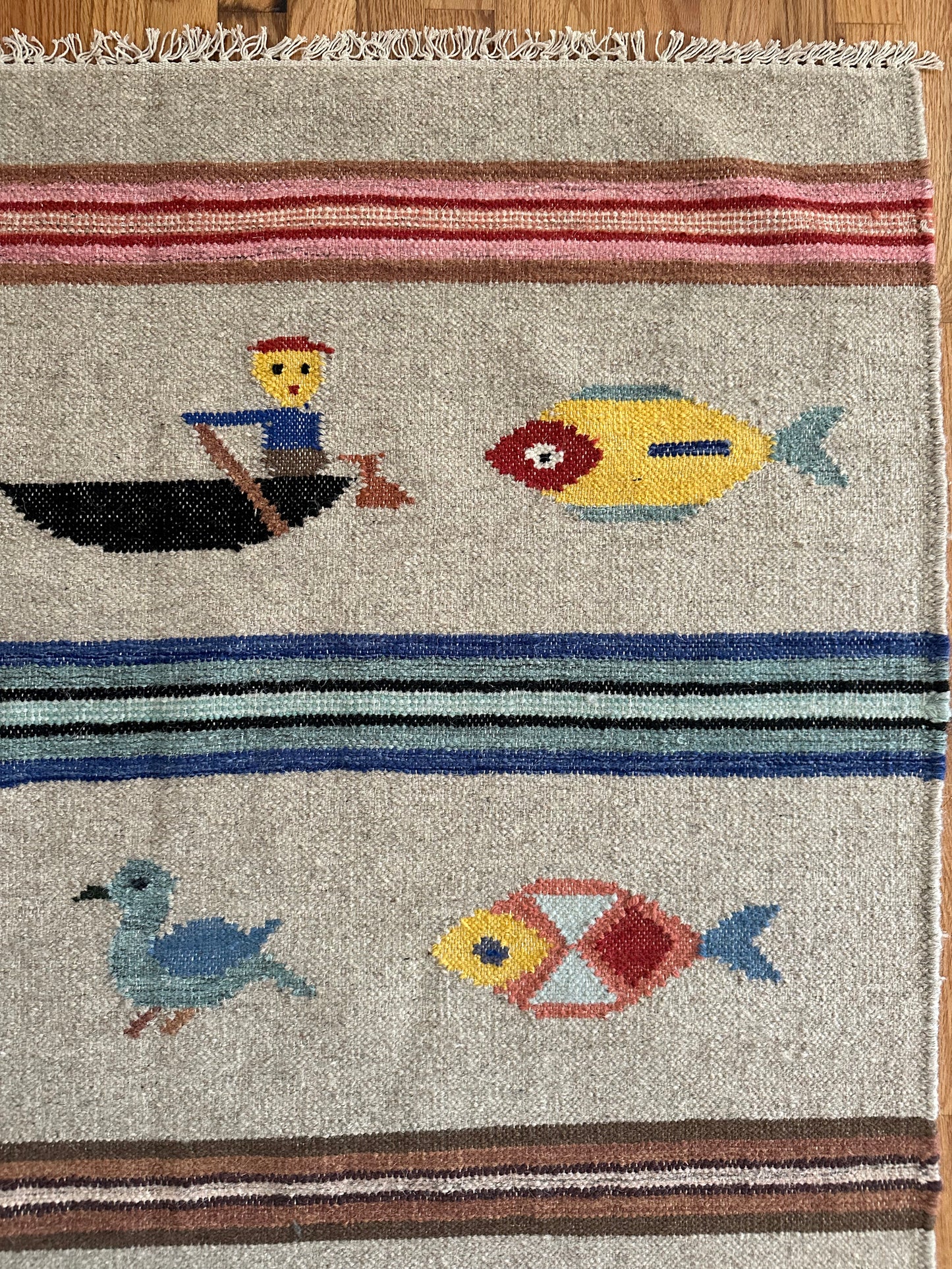 The Fisherman's Tale | Vintage-Inspired Whimsical Wool Kilim Rug | 4' x 6'