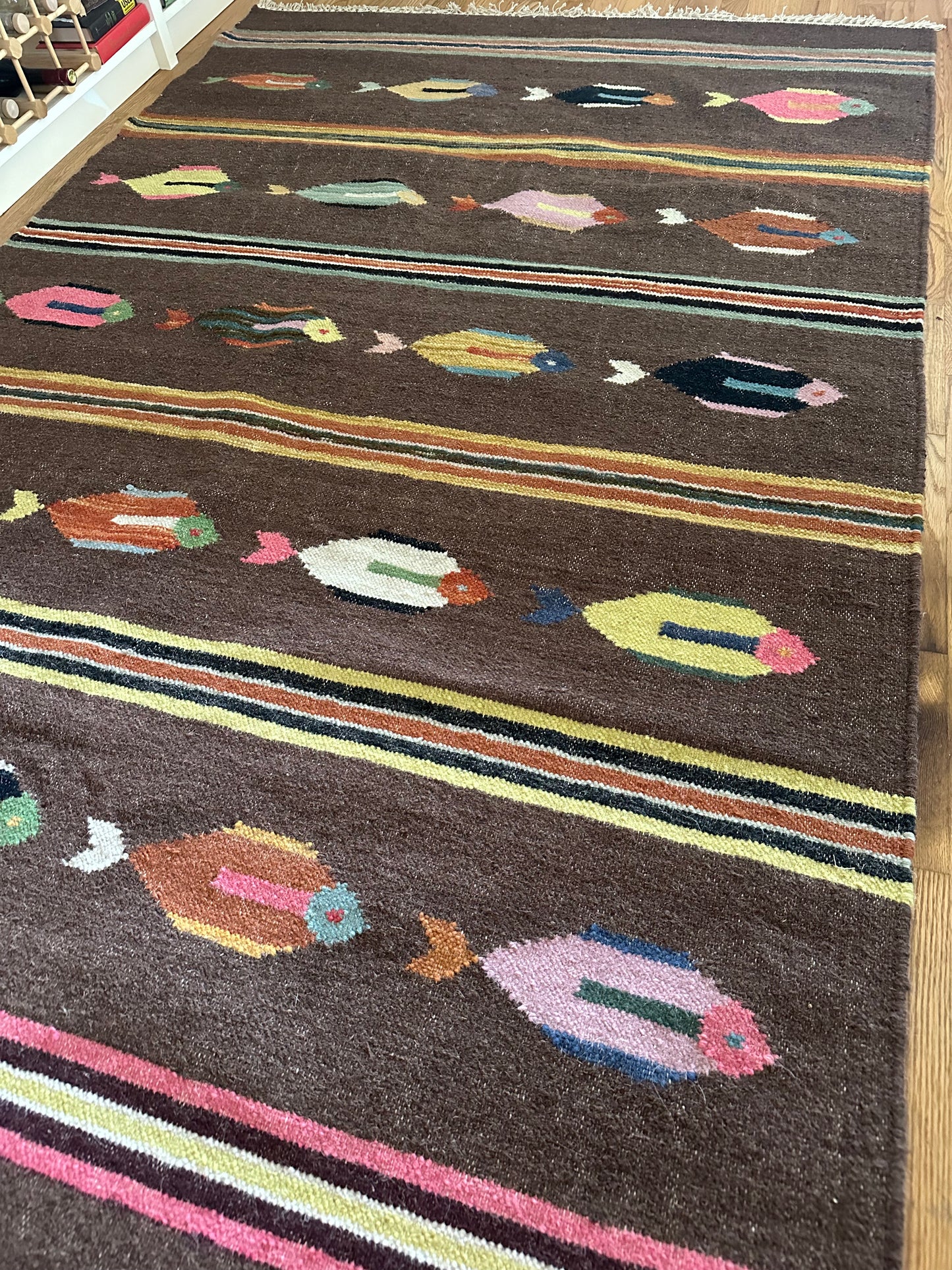 Espresso Current - Modern Wool Kilim Fish Area Rug - 5' x 8'