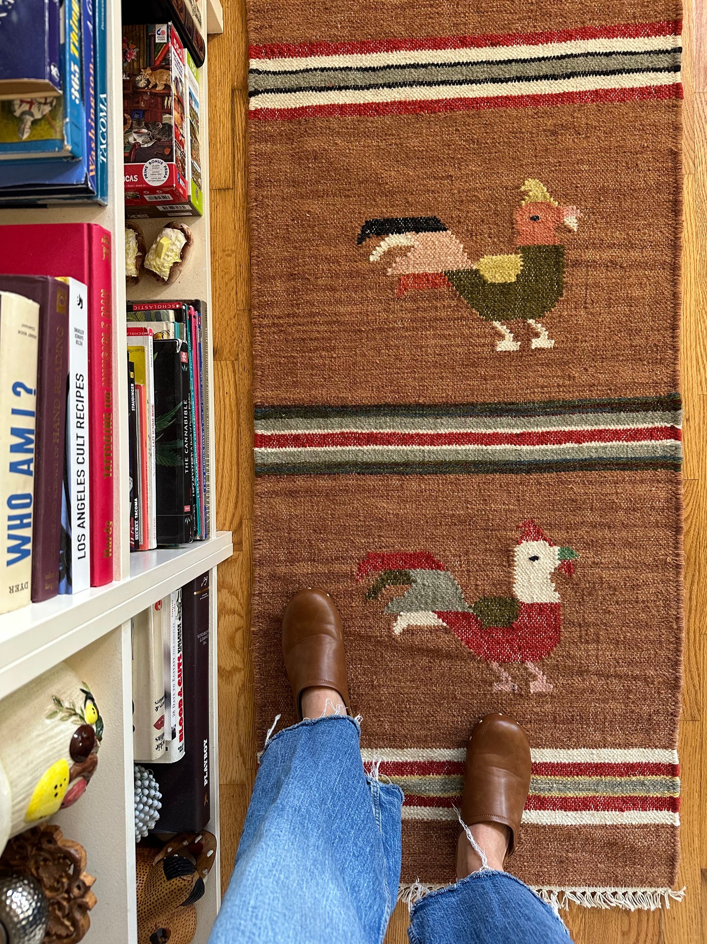 Modern Wool Flatweave Kilim Rooster Runner - 2 x 8
