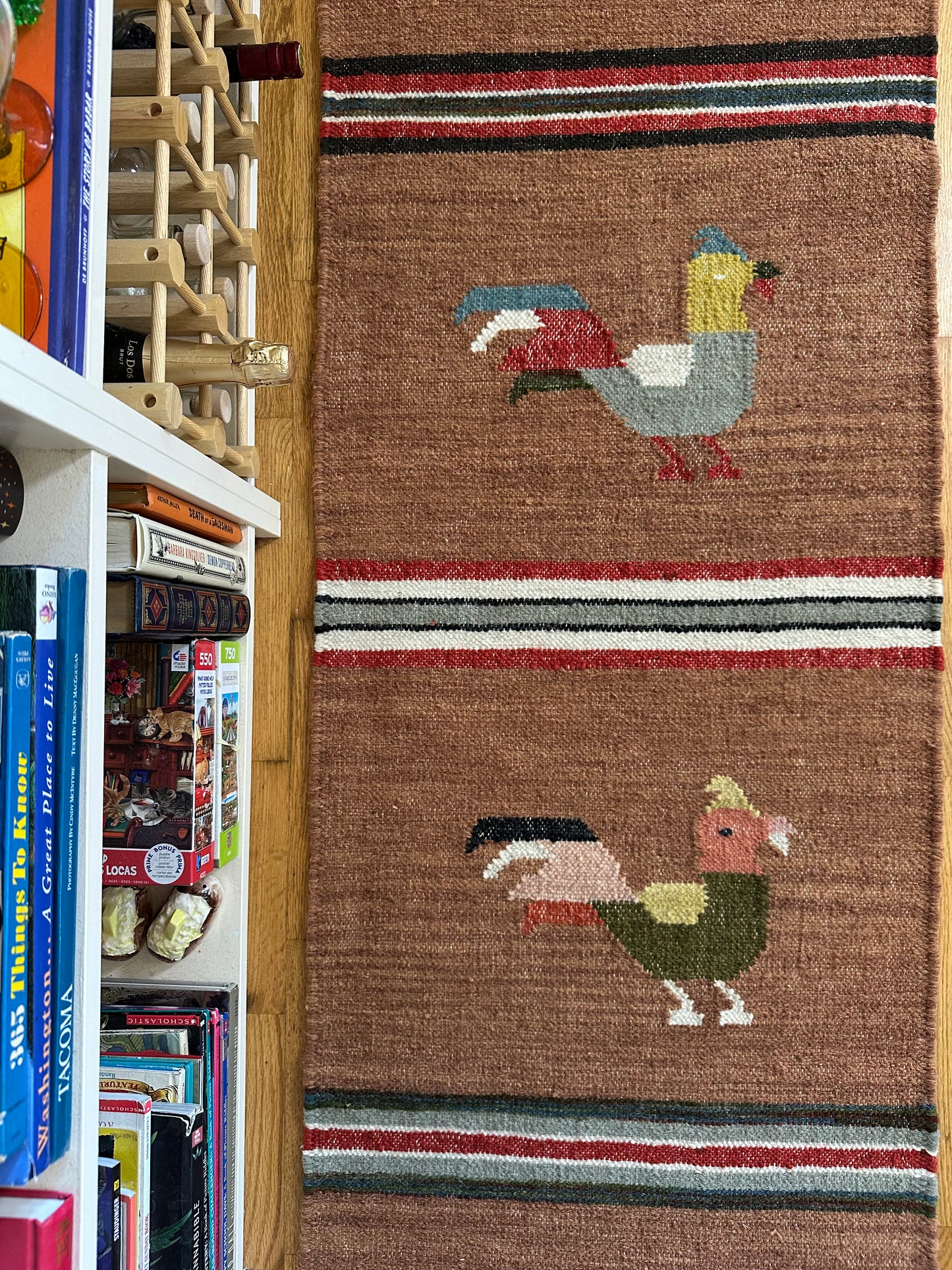 Modern Wool Flatweave Kilim Rooster Runner - 2 x 8