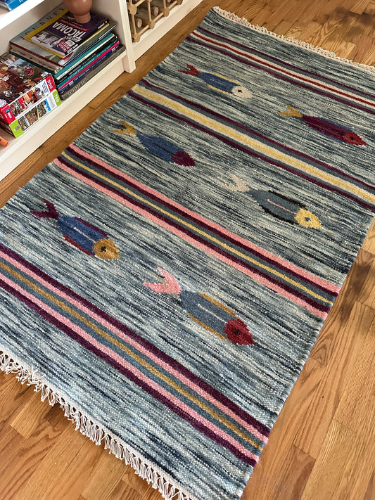 Vintage-Inspired Fish Motif Kilim Rug | 3x5 Wool Anatolian Style