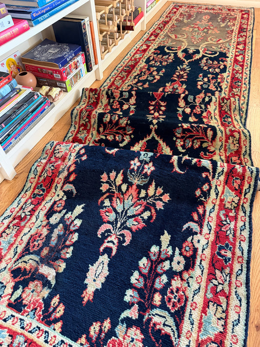 Midnight Bloom | Vintage Hand-Knotted Runner • 2'6" x 12'5"