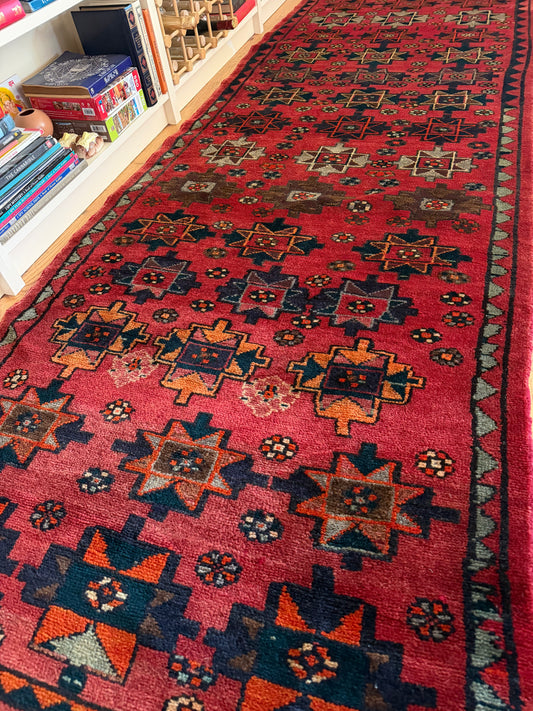Garnet Star | Vintage Afghan Wool Runner • 3'3" x 9'3"