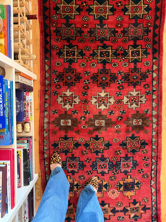 Garnet Star | Vintage Afghan Wool Runner • 3'3" x 9'3"