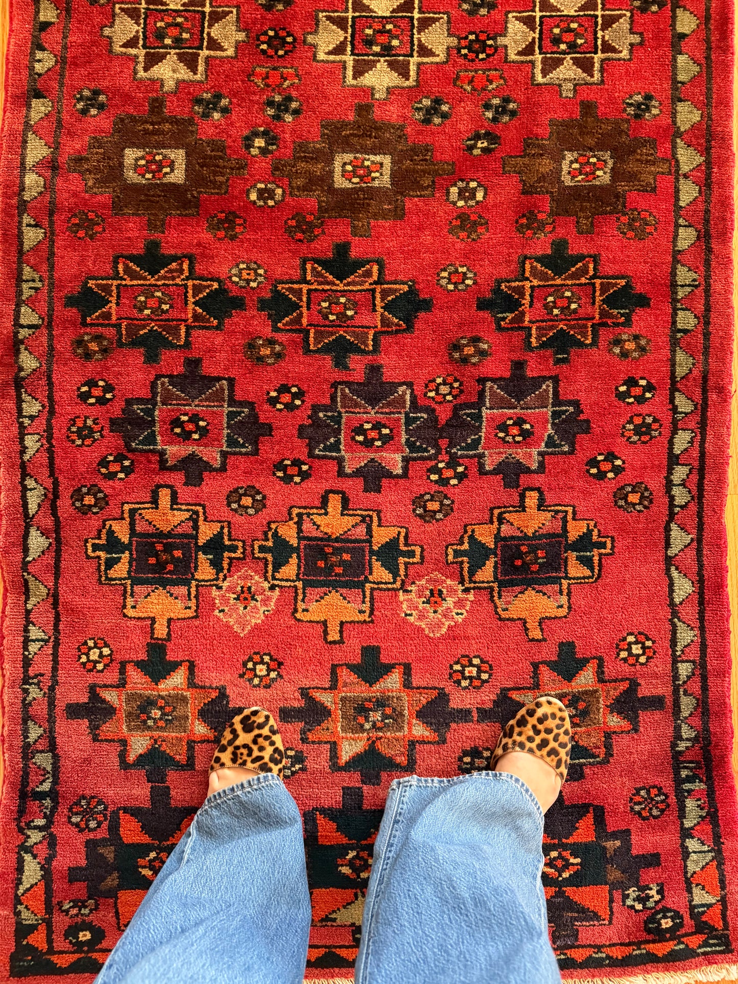Garnet Star | Vintage Afghan Wool Runner • 3'3" x 9'3"