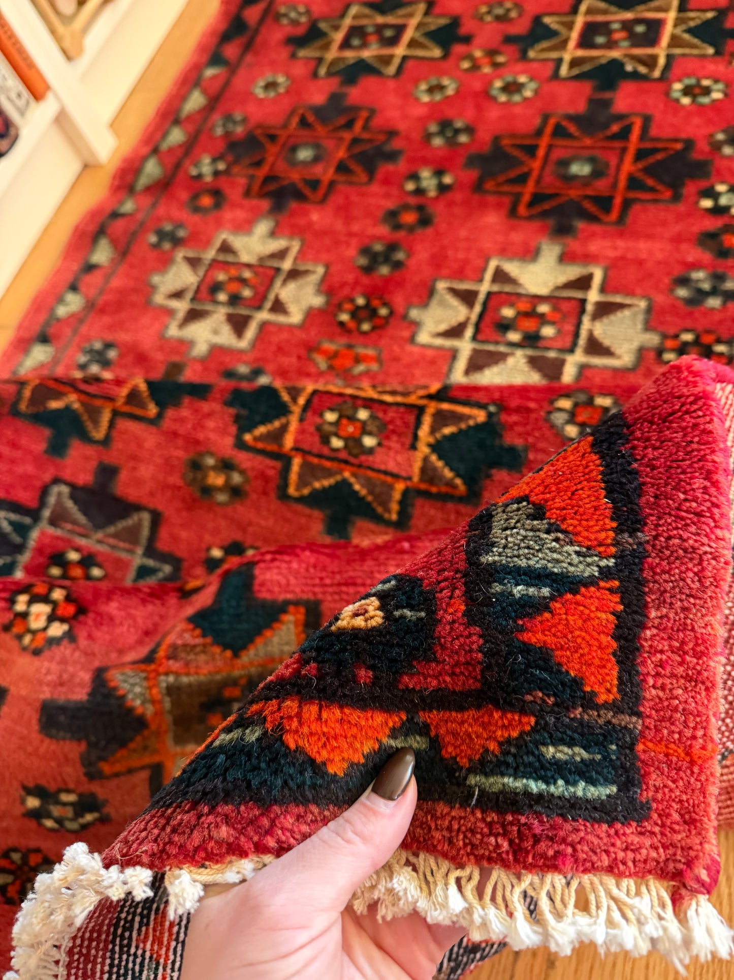 Garnet Star | Vintage Afghan Wool Runner • 3'3" x 9'3"