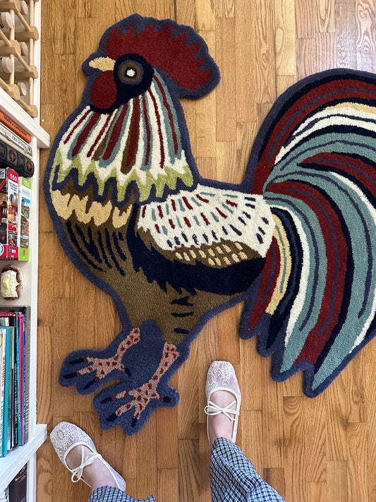 Indigo Rooster — 3’ x 5’ Wool Rooster Shaped Rug