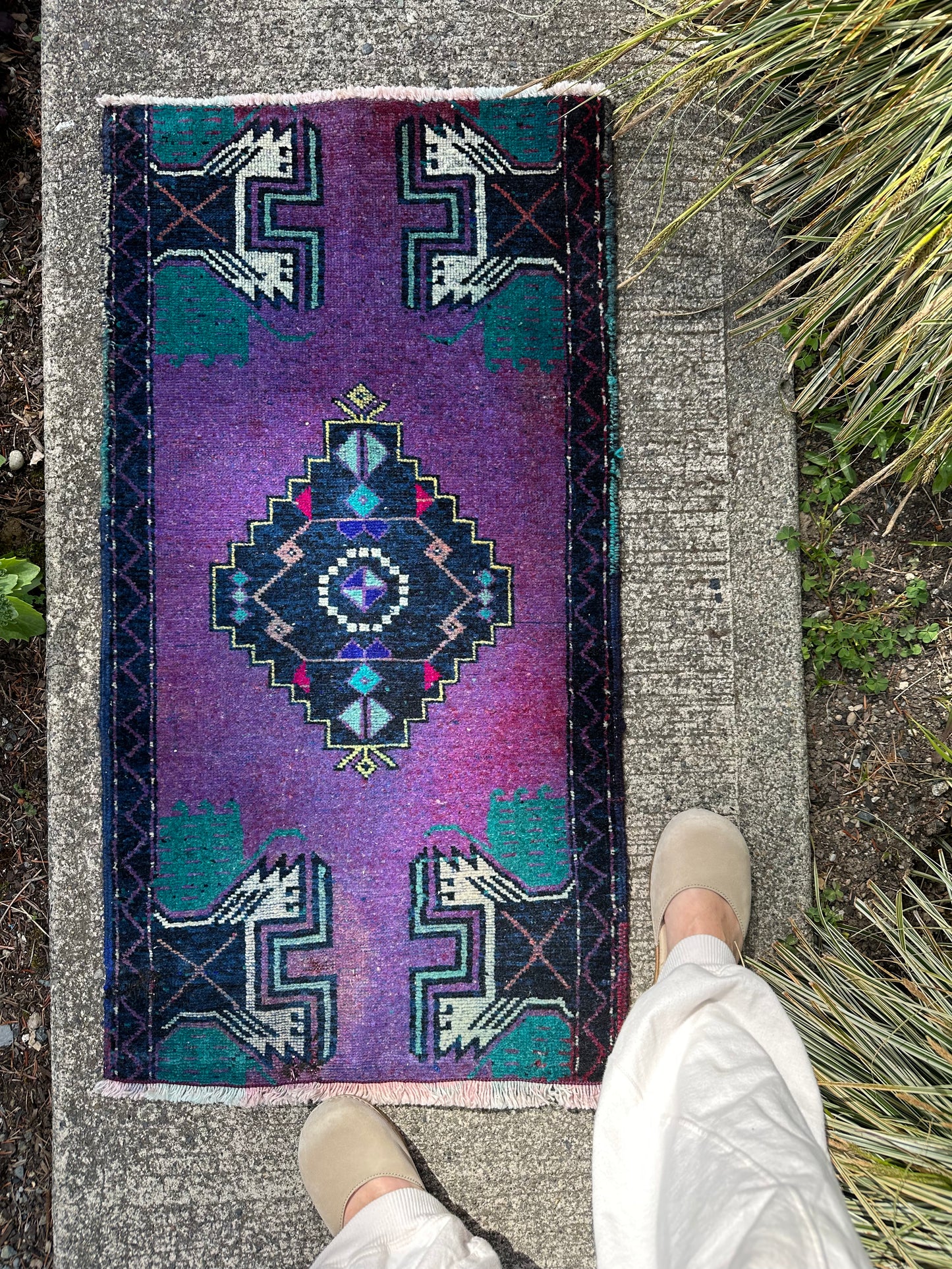 Electric Iris Mini Rug – Vintage Geometric Wool Accent Rug – 1’8” x 3’3”