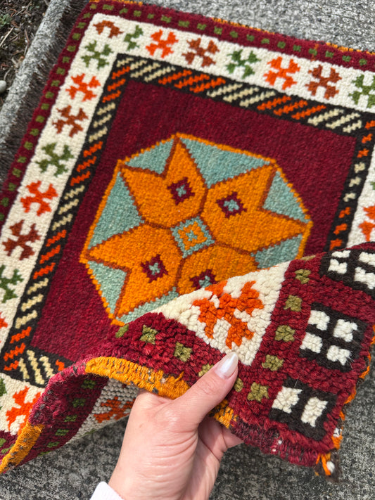 Marigold Mosaic Mini Rug – Vintage Geometric Wool Accent Rug – 1’9” x 2’