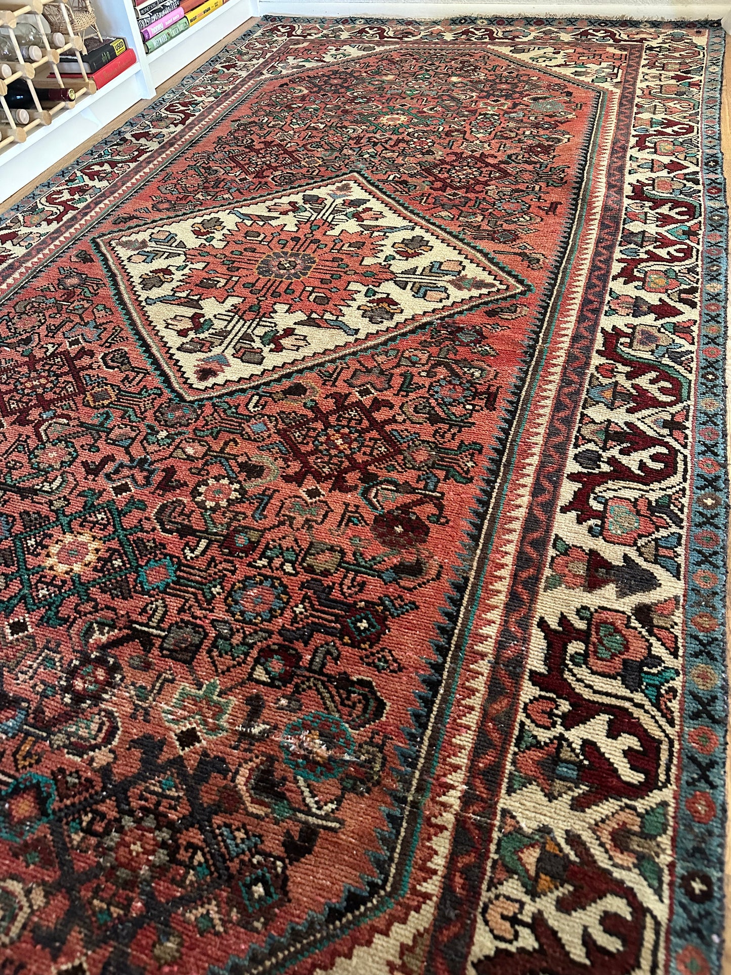 Dusty Rose & Teal Bird Motif Vinage Oversized Hamadan Area Rug - 4’11” x 10’2”