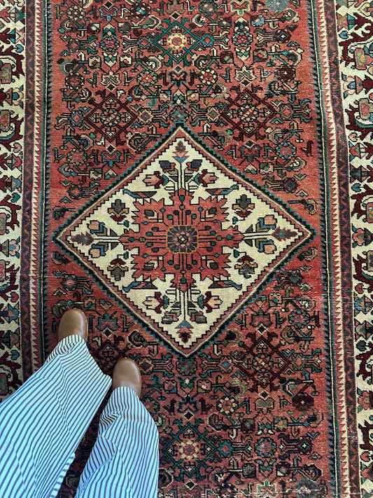 Dusty Rose & Teal Bird Motif Vinage Oversized Hamadan Area Rug - 4’11” x 10’2”
