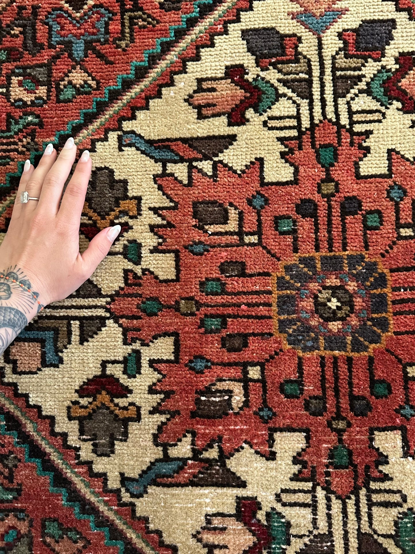 Dusty Rose & Teal Bird Motif Vinage Oversized Hamadan Area Rug - 4’11” x 10’2”