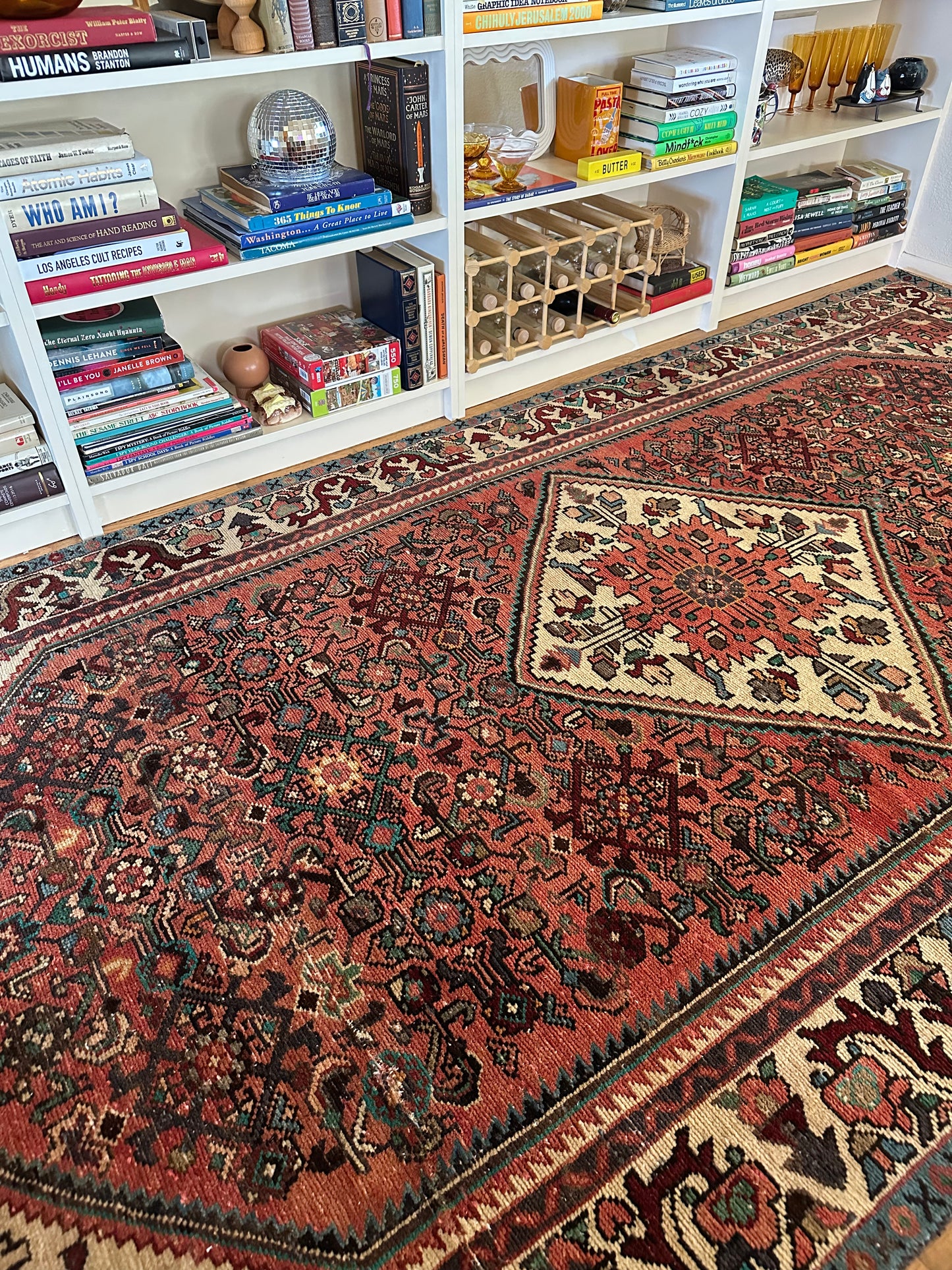 Dusty Rose & Teal Bird Motif Vinage Oversized Hamadan Area Rug - 4’11” x 10’2”
