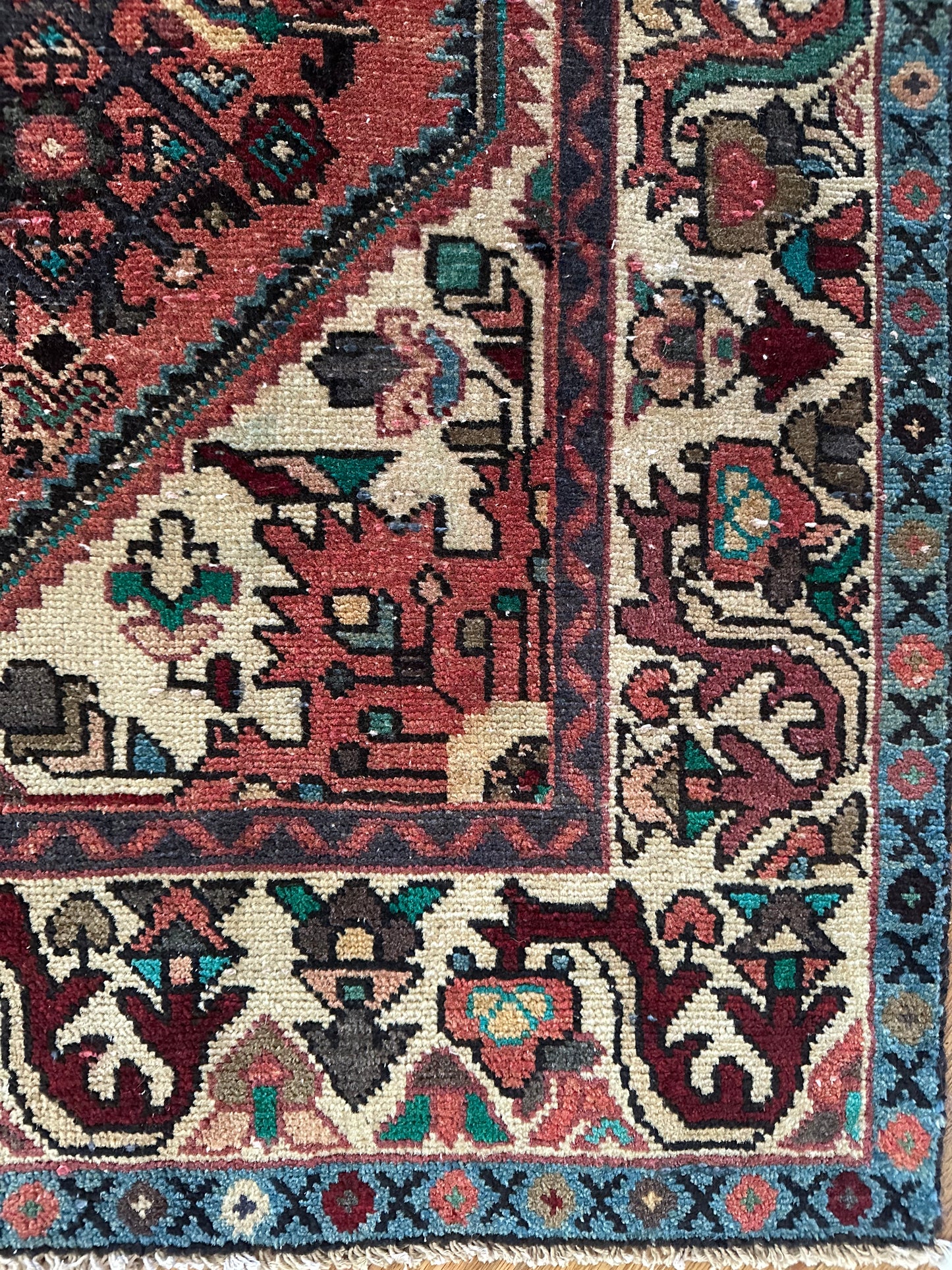 Dusty Rose & Teal Bird Motif Vinage Oversized Hamadan Area Rug - 4’11” x 10’2”