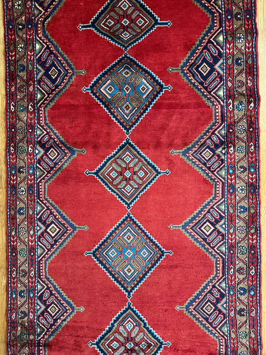 Madder & Indigo Kurdish Diamond Runner – 3'8" x 9' Vintage Tribal Rug
