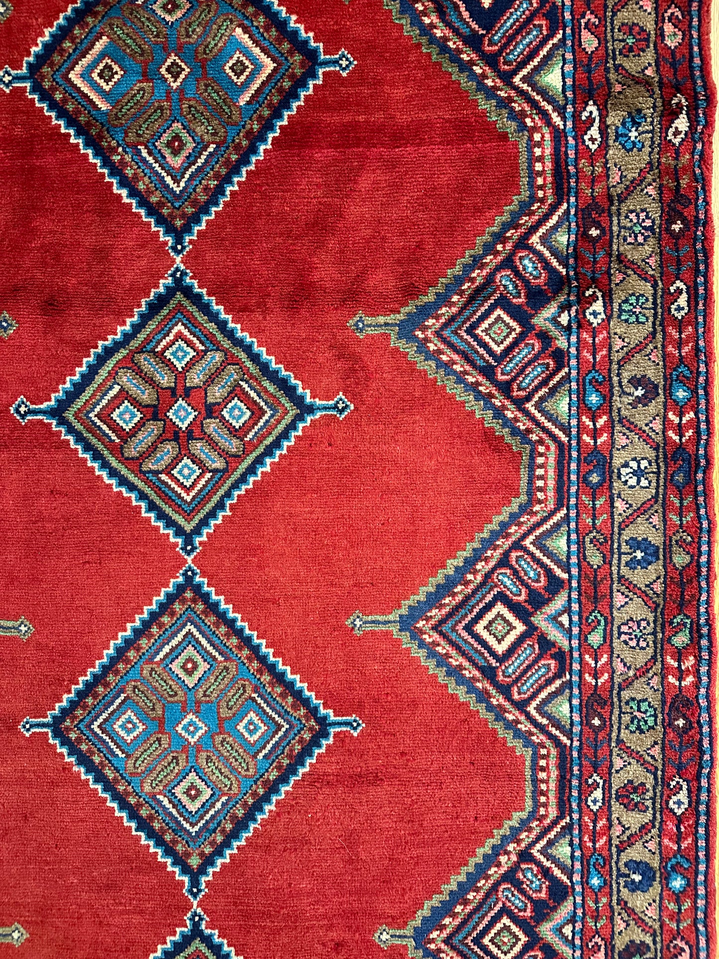 Madder & Indigo Kurdish Diamond Runner – 3'8" x 9' Vintage Tribal Rug