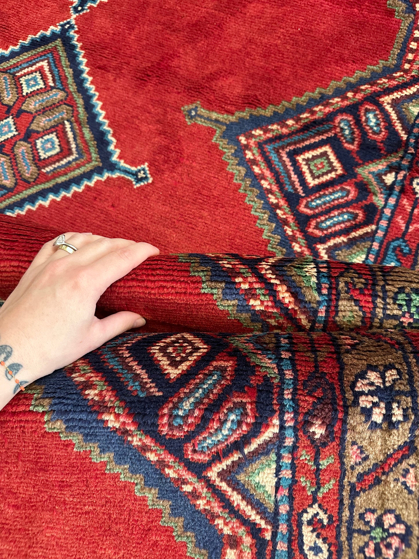 Madder & Indigo Kurdish Diamond Runner – 3'8" x 9' Vintage Tribal Rug