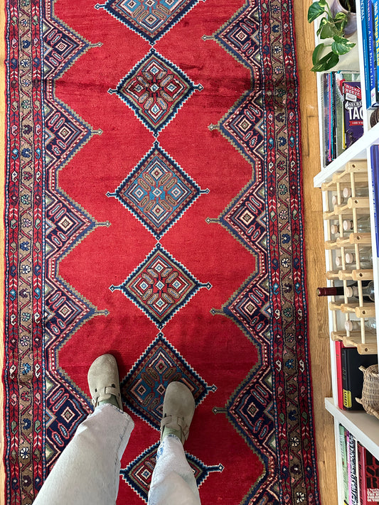 Madder & Indigo Kurdish Diamond Runner – 3'8" x 9' Vintage Tribal Rug
