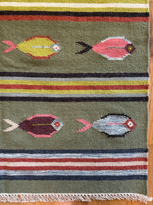 Vintage-Inspired Fish Motif Kilim Rug - Earthy Green | 5x8 Wool Anatolian Style