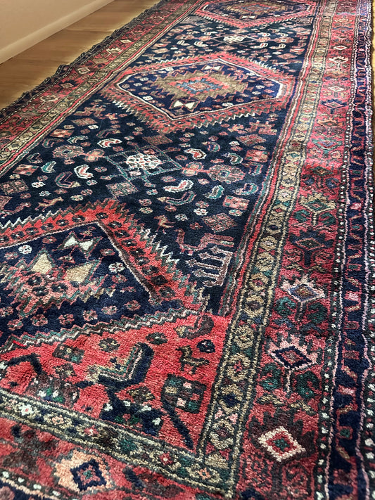 Vintage Kurdish Animal Motif Runner – Navy & Coral Tribal Wool Rug - 3'7" x 9'1"