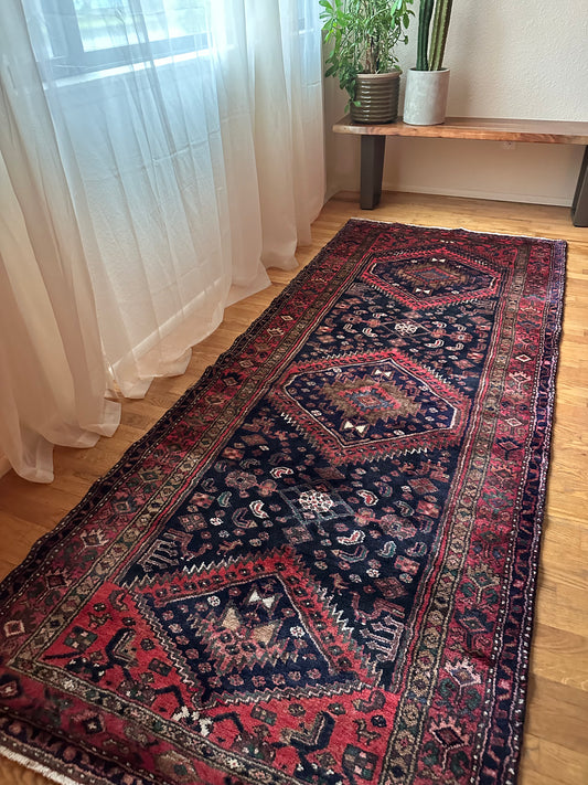 Vintage Kurdish Animal Motif Runner – Navy & Coral Tribal Wool Rug - 3'7" x 9'1"