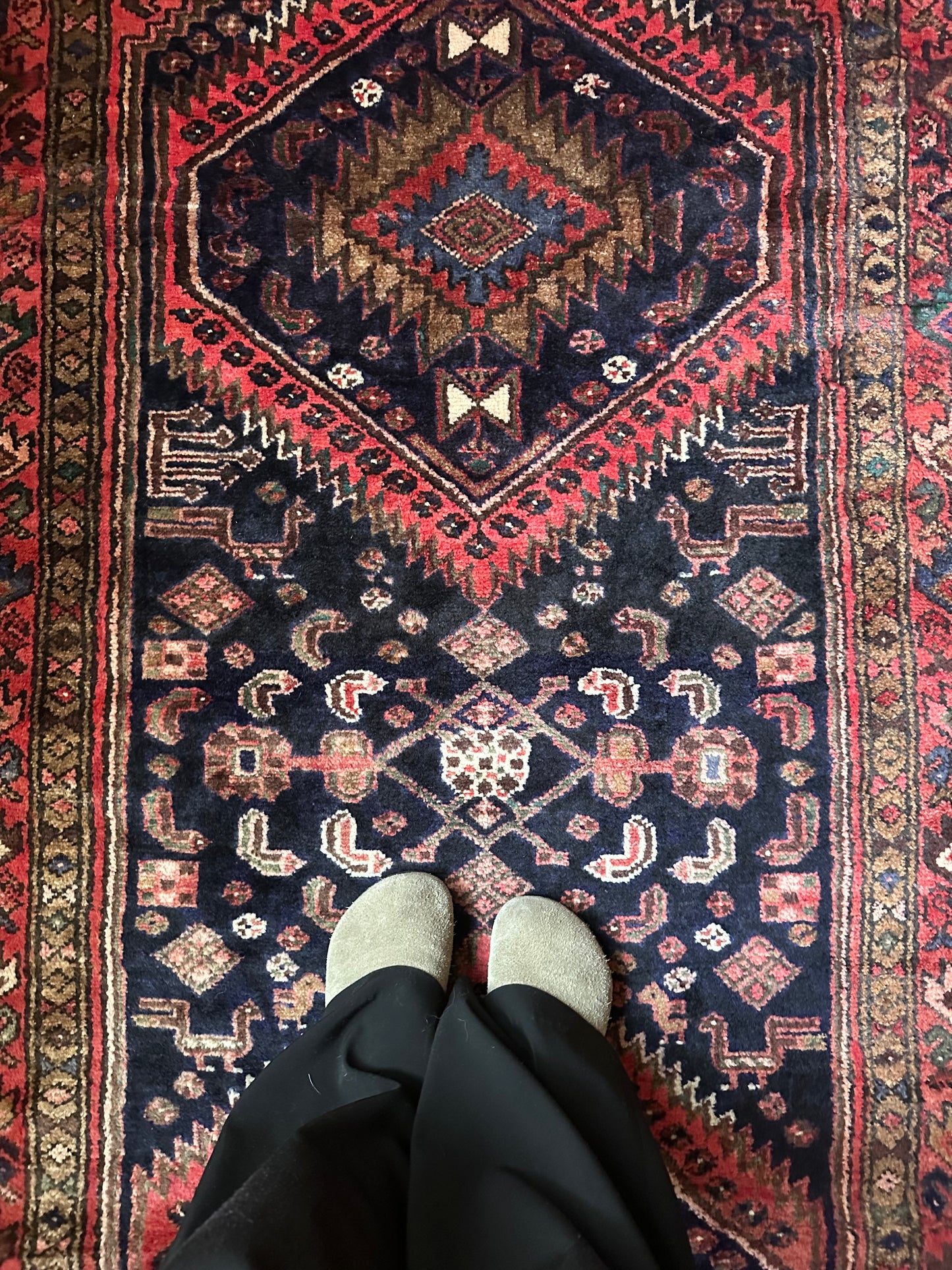 Vintage Kurdish Animal Motif Runner – Navy & Coral Tribal Wool Rug - 3'7" x 9'1"