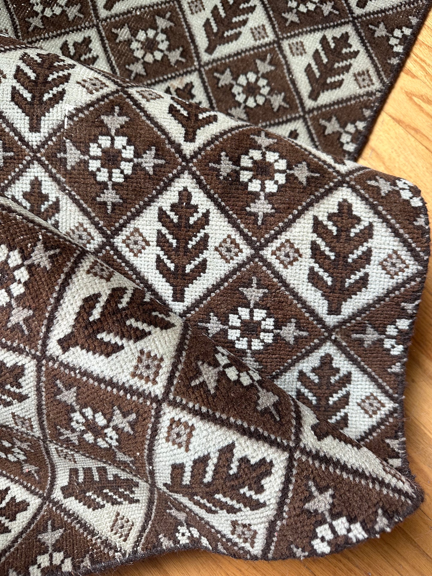 Vintage Chocolate & Oat Geometric Wool Runner - 2' x 7'10"