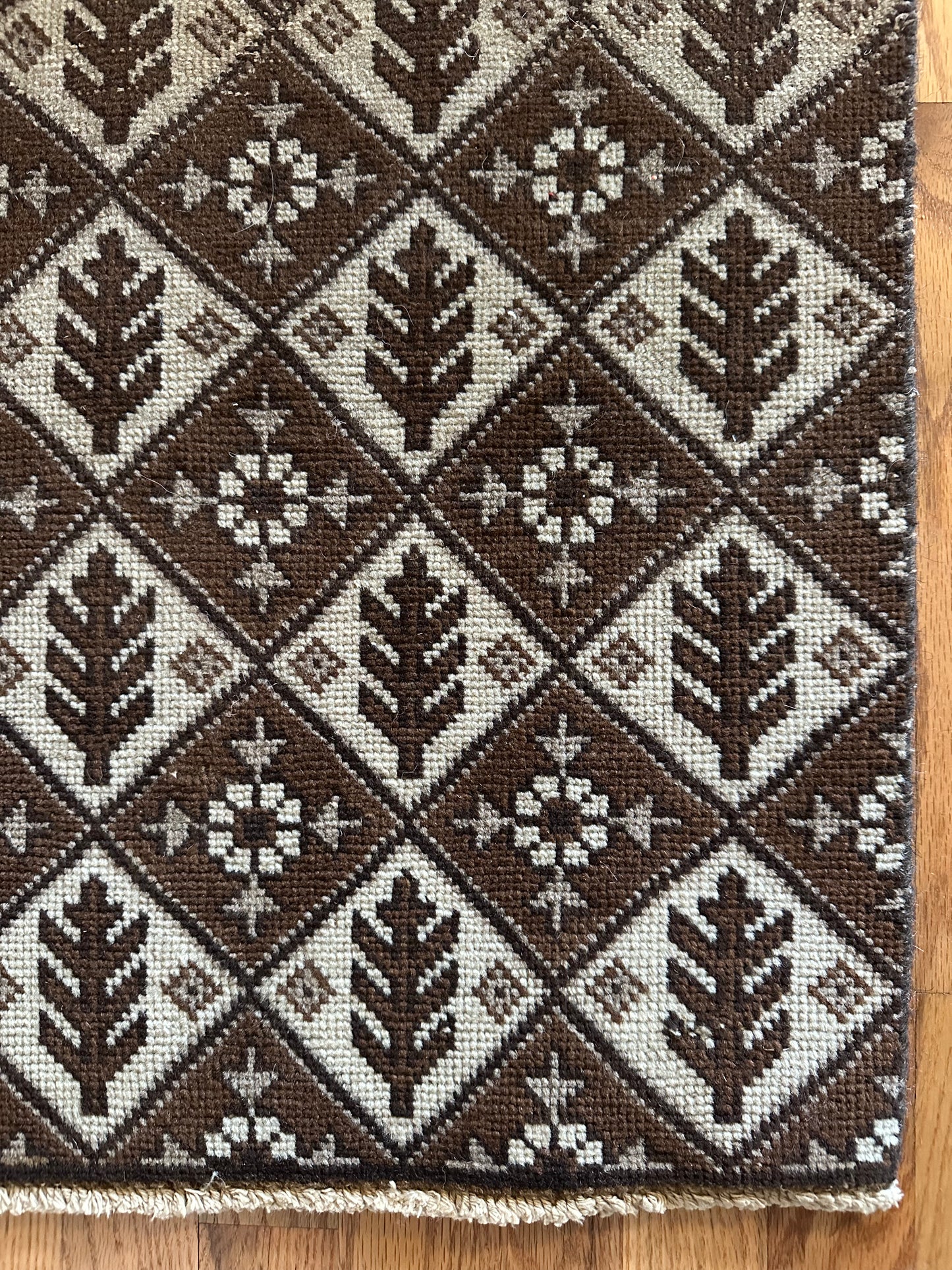 Vintage Chocolate & Oat Geometric Wool Runner - 2' x 7'10"