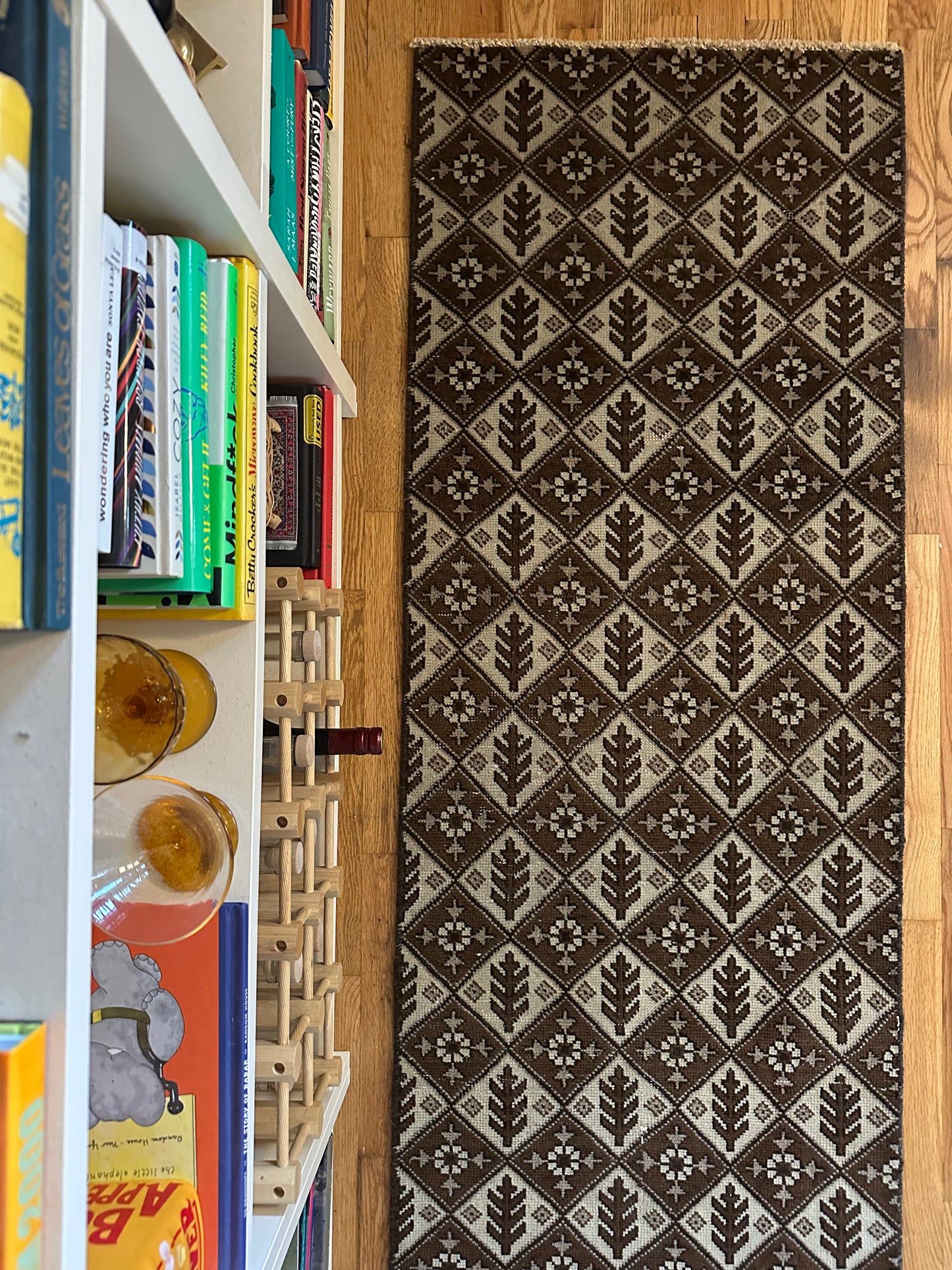 Vintage Chocolate & Oat Geometric Wool Runner - 2' x 7'10"